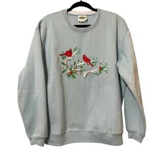 Collection Etc Christmas Blue Pre Shrunk Bird Embroidered Pullover Sweatshirt XL